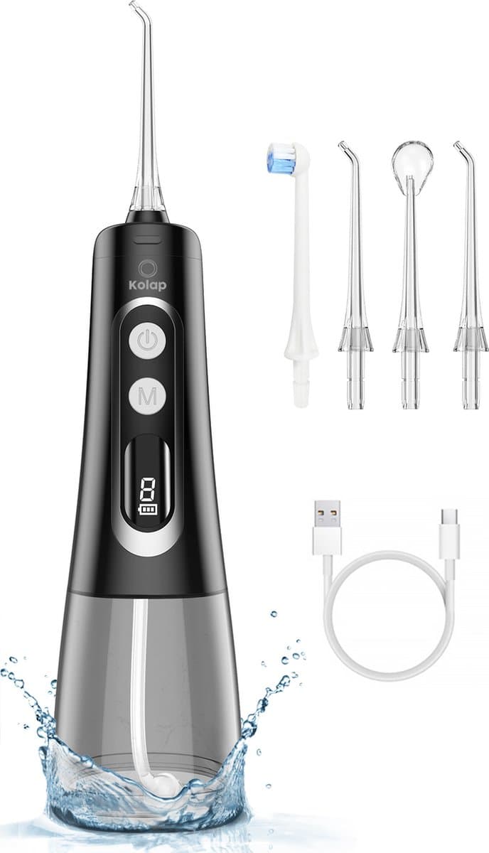 Kolap Waterflosser - 9 Standen - Monddouche - Incl. 4 opzetstukken - PREMIUM Water flosser Draadloos - Midnight Edition - Flosapparaat