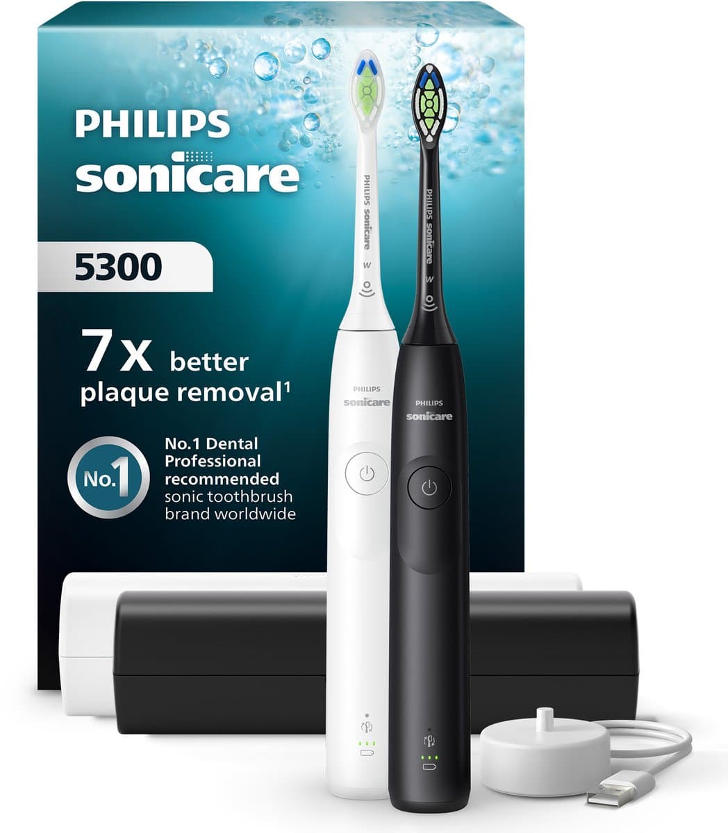 Philips Sonicare 5300 Series - Elektrische Tandenborstels - Wit & Zwart - Duopack- 2 reisetuis - Wittere tanden - HX7109/01