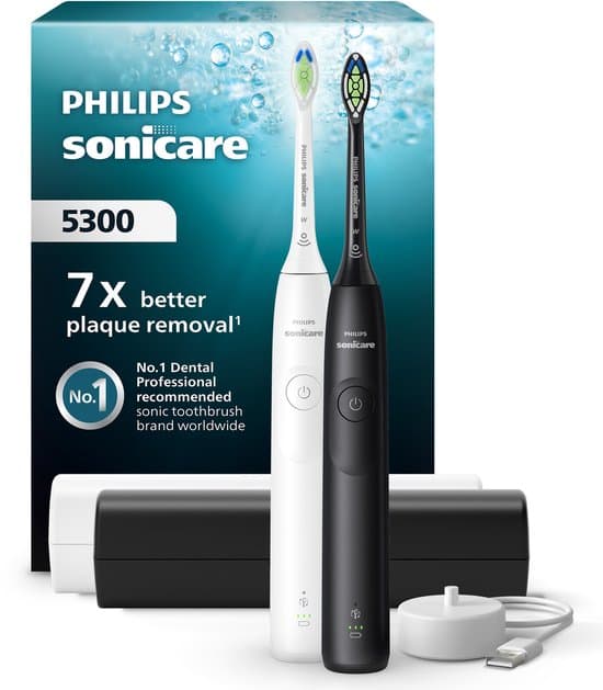 Philips Sonicare 5300 Series - Elektrische Tandenborstels - Wit & Zwart - Duopack- 2 reisetuis - Wittere tanden - HX7109/01
