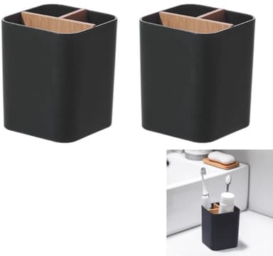 2 stuks - Tandenborstelhouder - Badkamer Bamboe Tandenborstelhouder - Badkamerblad Organizer - Stevig en Duurzaam - Zwart - Geschikt voor Elektrische Tandenborstels, Tandpasta, Waterflossers