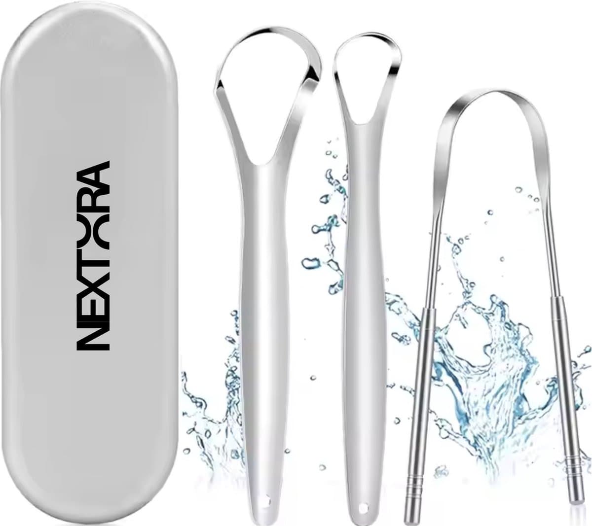 Nextora Professionele Tongschraper - 3 in 1 set - voor Mondverzorging - Tong Schraper - Tongue Scraper - Tongreiniger - Metalen Tongschraper - Mondhygiëne - RVS