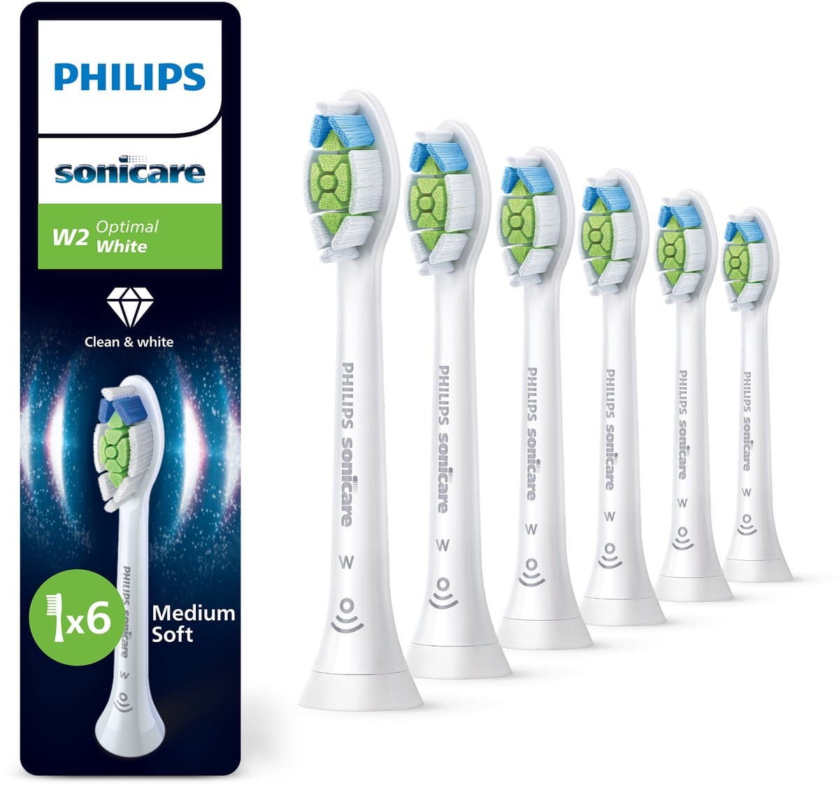 Philips Sonicare Optimal White W2 - Opzetborstels voor Elektrische Tandenborstel - Wit - Verpakking van 6 - Wittere tanden - HX6066/87