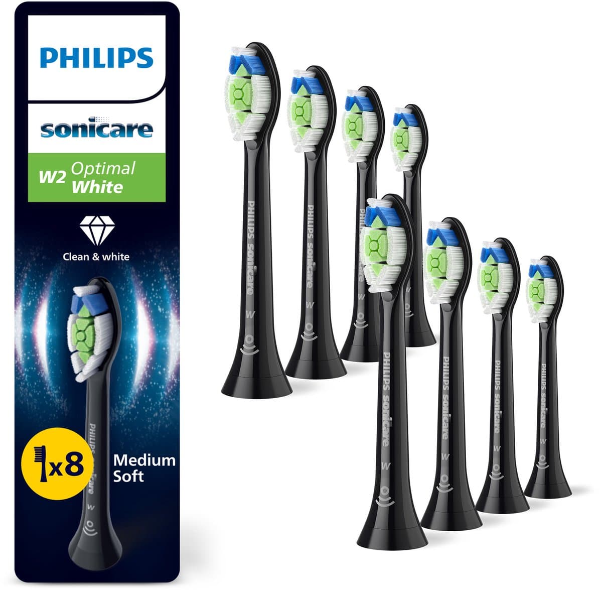 Philips Sonicare W2 Optimal White - Opzetborstels - Verpakking van 8- Zwart - Wittere Tanden - HX6068/88