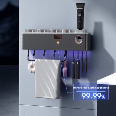 CHIWIN Slimme UV Tandenborstelhouder – Wandmontage zonder boren • Wandhouder met UV-Sterilisatie, Haken & Handdoekhouder, USB Oplaadbaar, Grijs