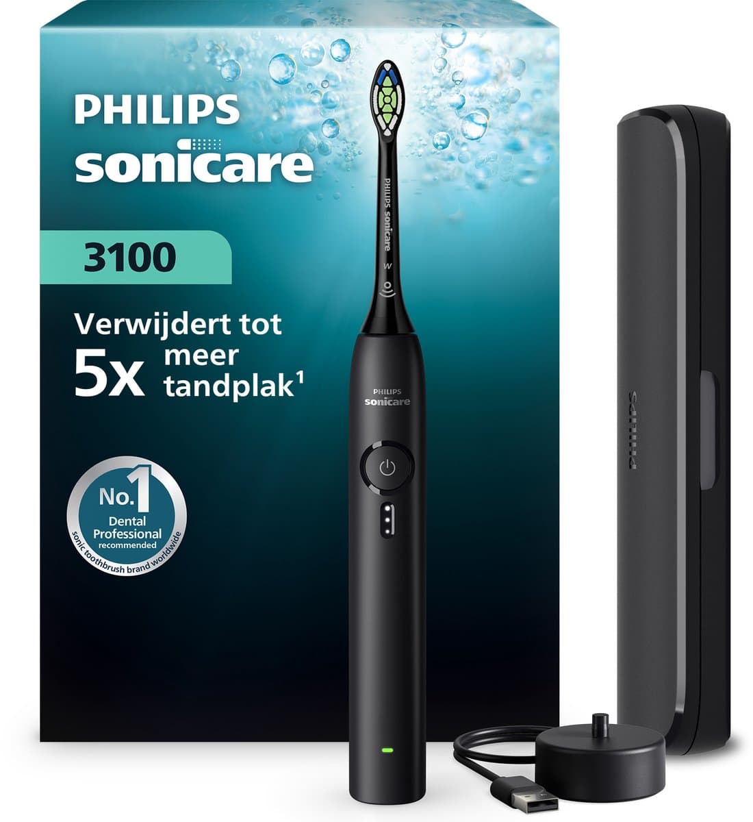 Philips Sonicare 3100 Series - Elektrische Tandenborstel - Zwart - Wittere tanden - Met reisetui - HX4033/32