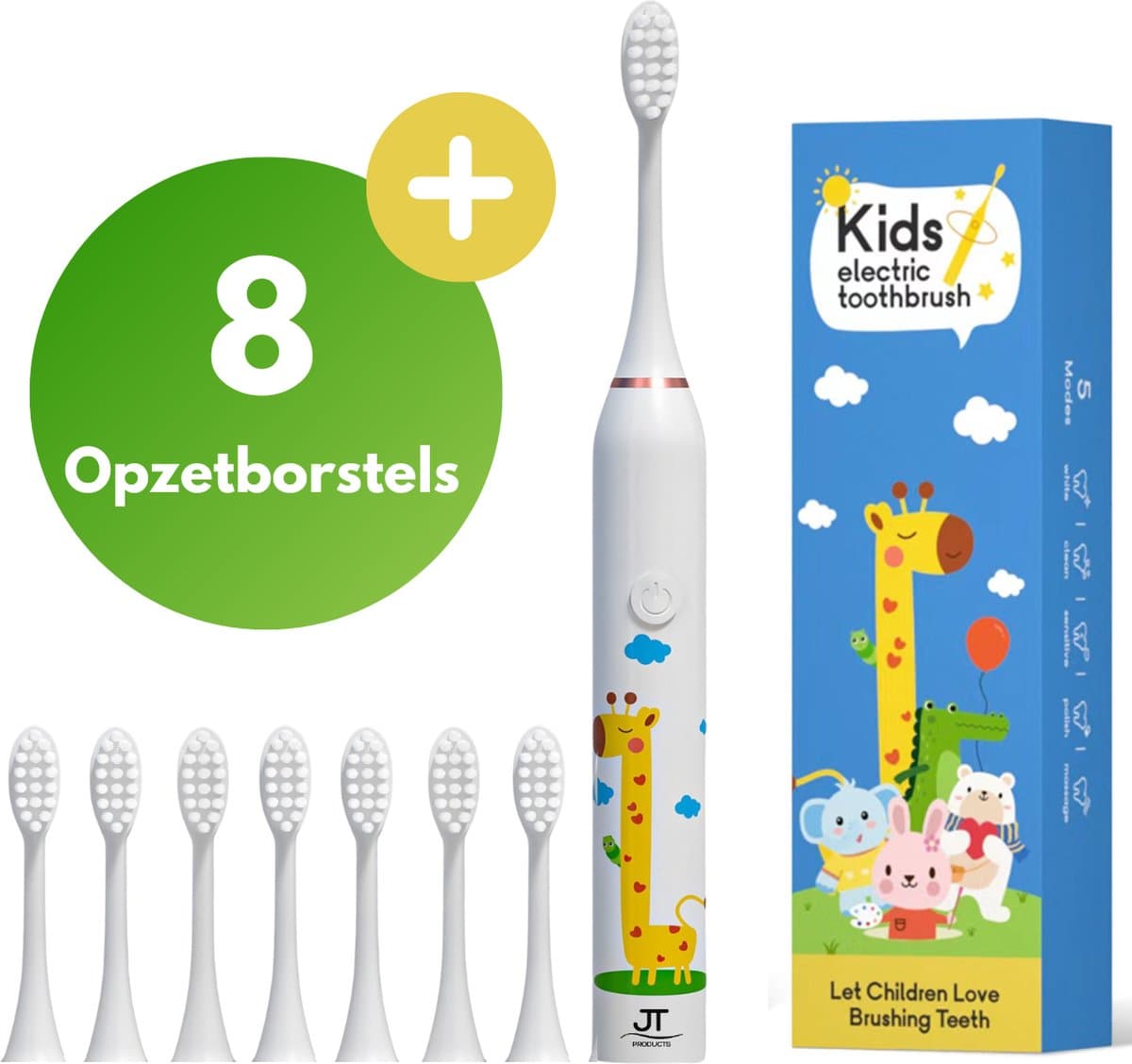 JT Products Sonische Elektrische Baby Tandenborstel Wit Giraffe - Vanaf 3 Jaar - Oplaadbaar - Met Timer - 5 Poetsstanden - Peuter - Kind - Waterdicht - Cadeau Baby - Elektrische Tandenborstel Kinderen - Kindertandenborstel - Electrische Tandenborstel