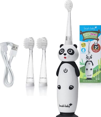 “Voordeel Set Panda” | Brush-Baby | Electrische Oplaadbare Kindertandenborstel + Gratis Tandpasta*| WildOnes | Pan-Pan de Panda | 0 - 10 jaar | 3 opzetborstels | 2 poetsstanden | Timer & Pulse | Disco licht | Zuignapvoet