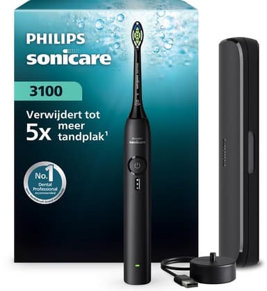Philips Sonicare 3100 Series – Elektrische Tandenborstel – Zwart – Wittere tanden – Met reisetui – HX4033/32