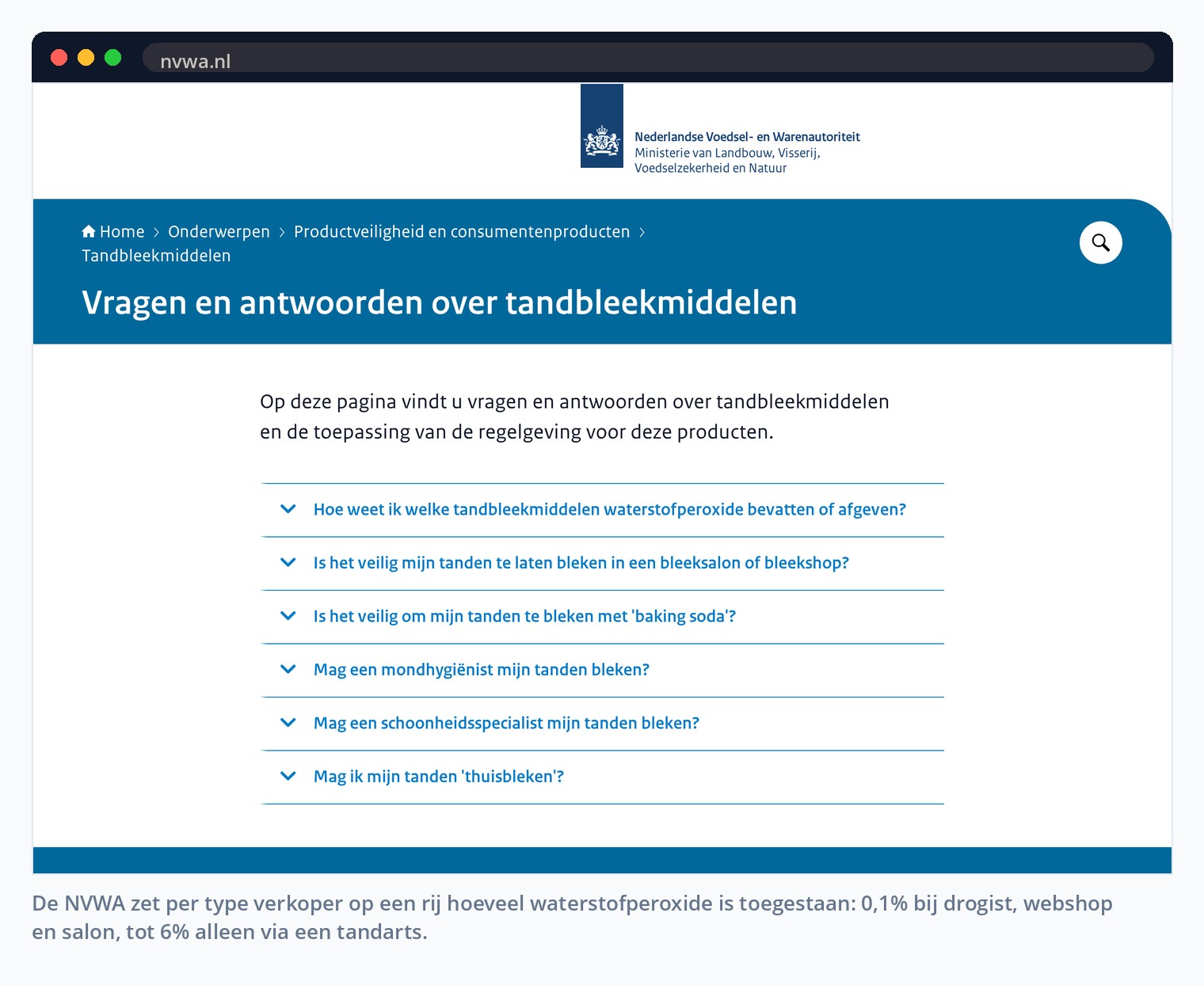De NVWA zet per type verkoper op een rij hoeveel waterstofperoxide is toegestaan: 0,1% bij drogist, webshop en salon, tot 6% alleen via een tandarts.