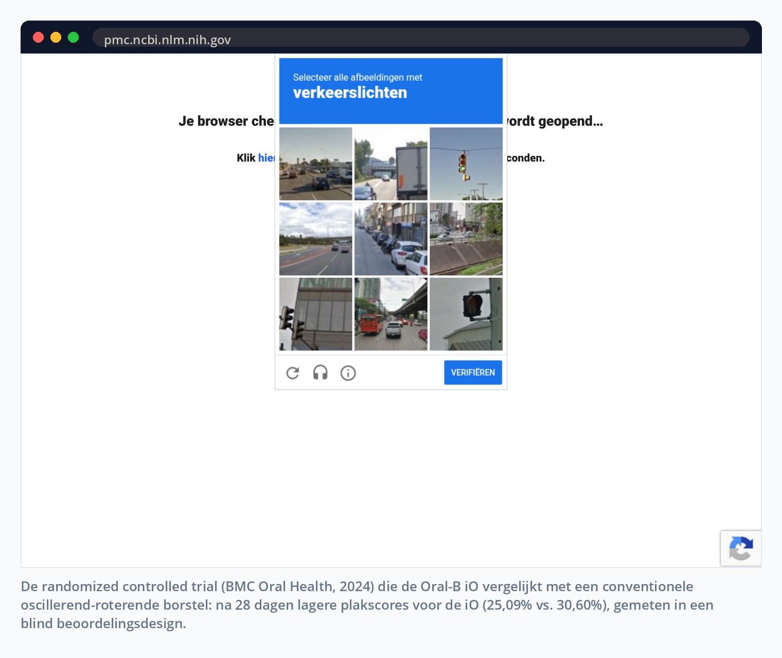 De randomized controlled trial (BMC Oral Health, 2024) die de Oral-B iO vergelijkt met een conventionele oscillerend-roterende borstel: na 28 dagen lagere plakscores voor de iO (25,09% vs. 30,60%), gemeten in een blind beoordelingsdesign.