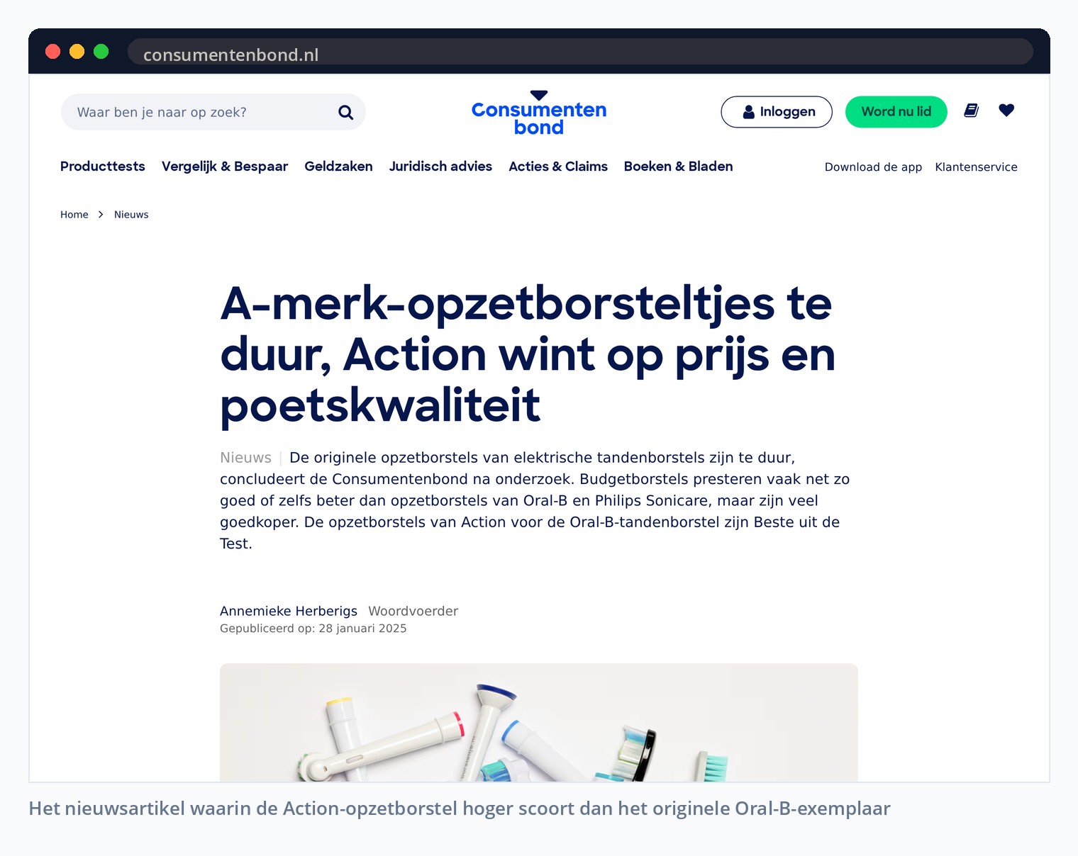 Het nieuwsartikel waarin de Action-opzetborstel hoger scoort dan het originele Oral-B-exemplaar