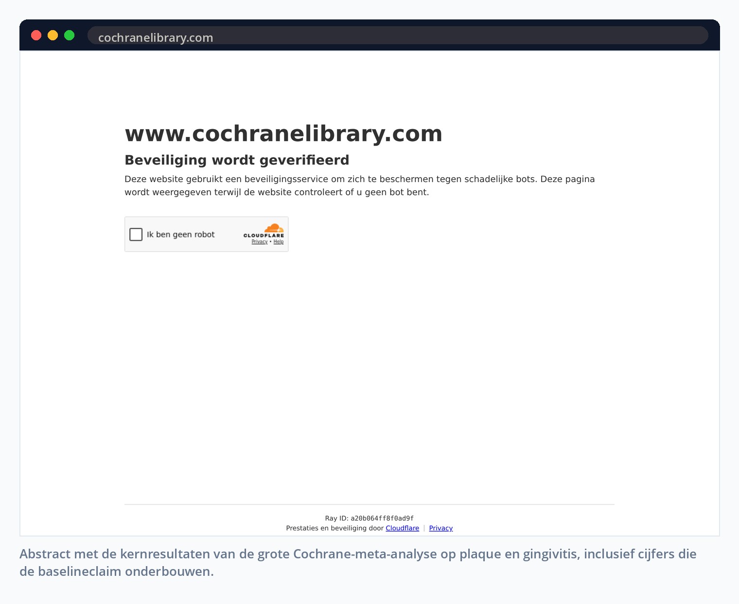 Abstract met de kernresultaten van de grote Cochrane-meta-analyse op plaque en gingivitis, inclusief cijfers die de baselineclaim onderbouwen.