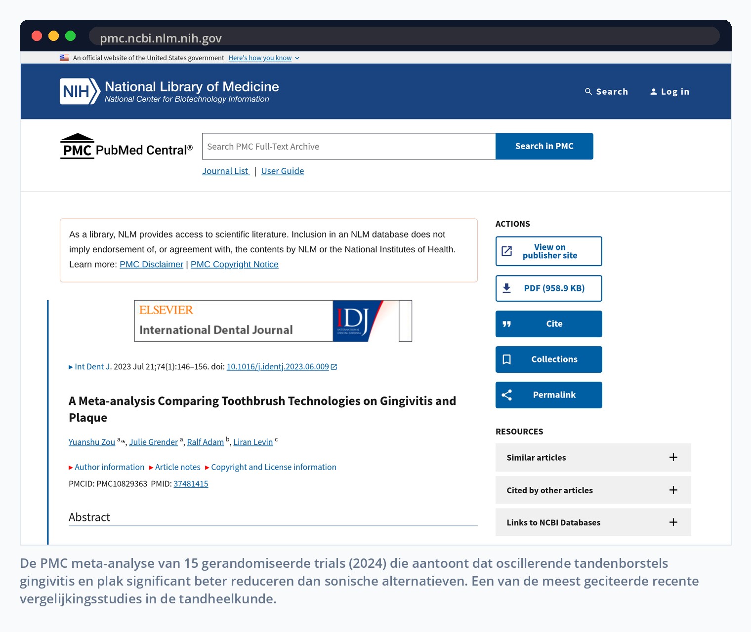 De PMC meta-analyse van 15 gerandomiseerde trials (2024) die aantoont dat oscillerende tandenborstels gingivitis en plak significant beter reduceren dan sonische alternatieven. Een van de meest geciteerde recente vergelijkingsstudies in de tandheelkunde.