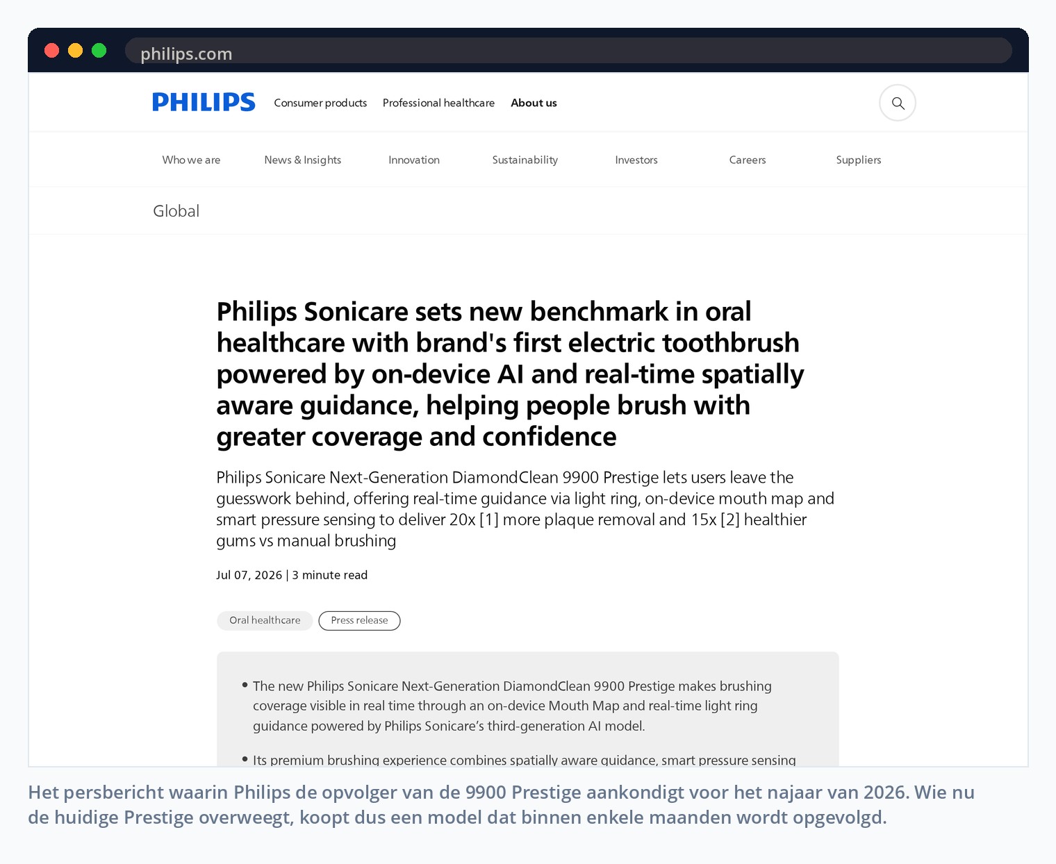 Het persbericht waarin Philips de opvolger van de 9900 Prestige aankondigt voor het najaar van 2026. Wie nu de huidige Prestige overweegt, koopt dus een model dat binnen enkele maanden wordt opgevolgd.