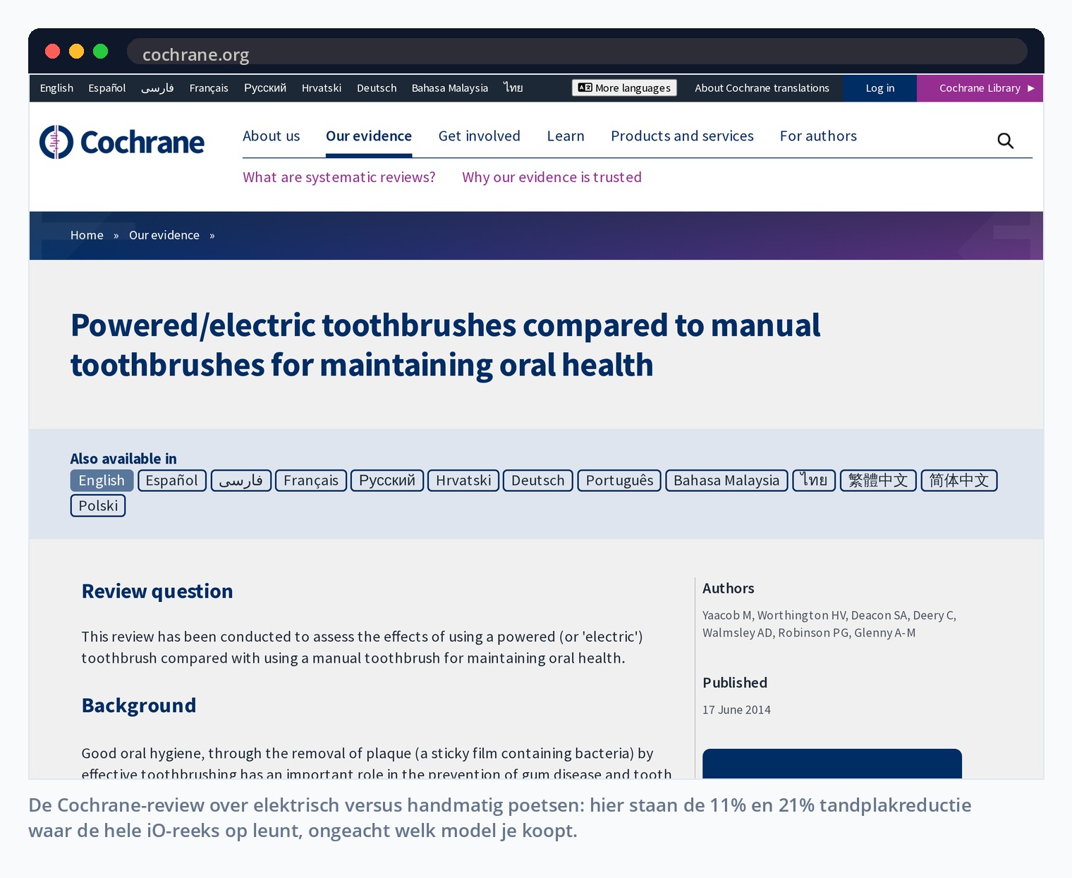 De Cochrane-review over elektrisch versus handmatig poetsen: hier staan de 11% en 21% tandplakreductie waar de hele iO-reeks op leunt, ongeacht welk model je koopt.