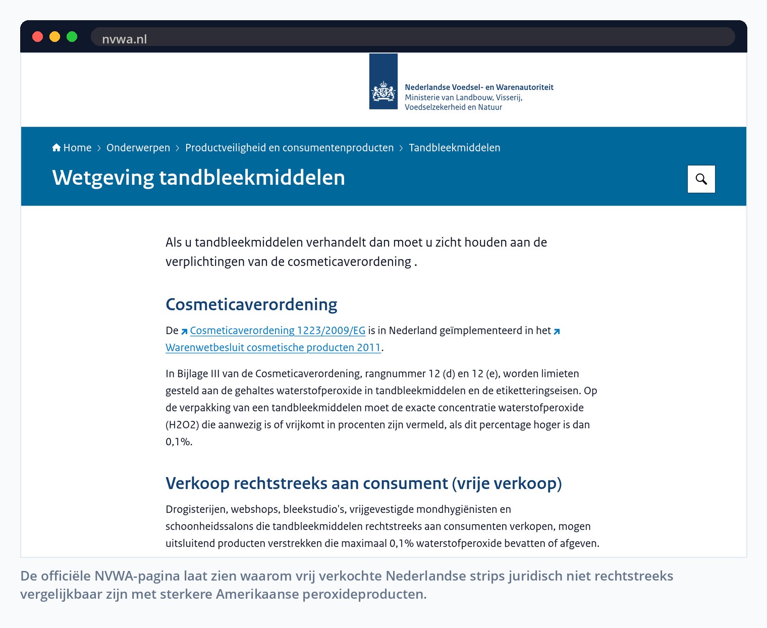 De officiële NVWA-pagina laat zien waarom vrij verkochte Nederlandse strips juridisch niet rechtstreeks vergelijkbaar zijn met sterkere Amerikaanse peroxideproducten.