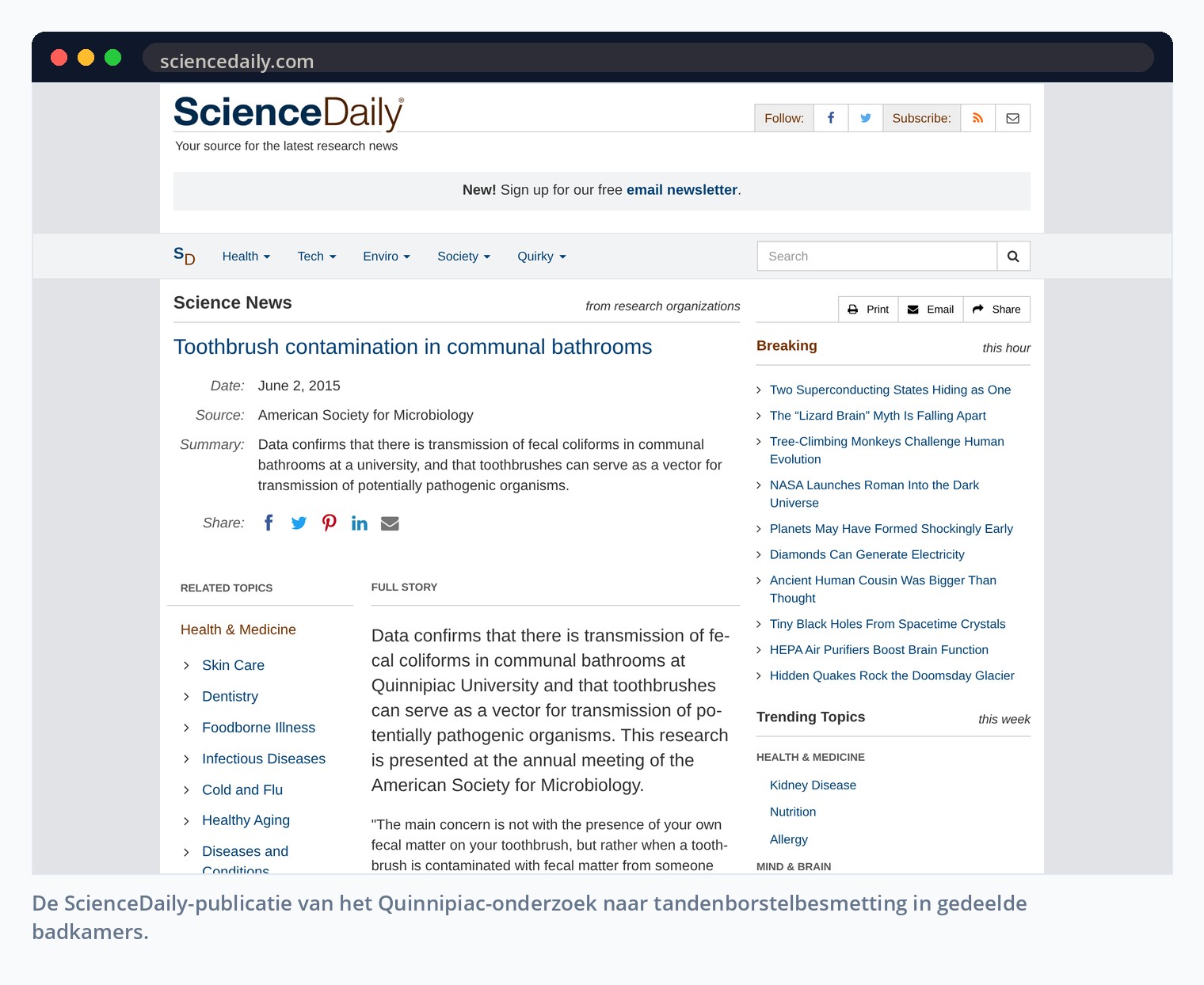 De ScienceDaily-publicatie van het Quinnipiac-onderzoek naar tandenborstelbesmetting in gedeelde badkamers.