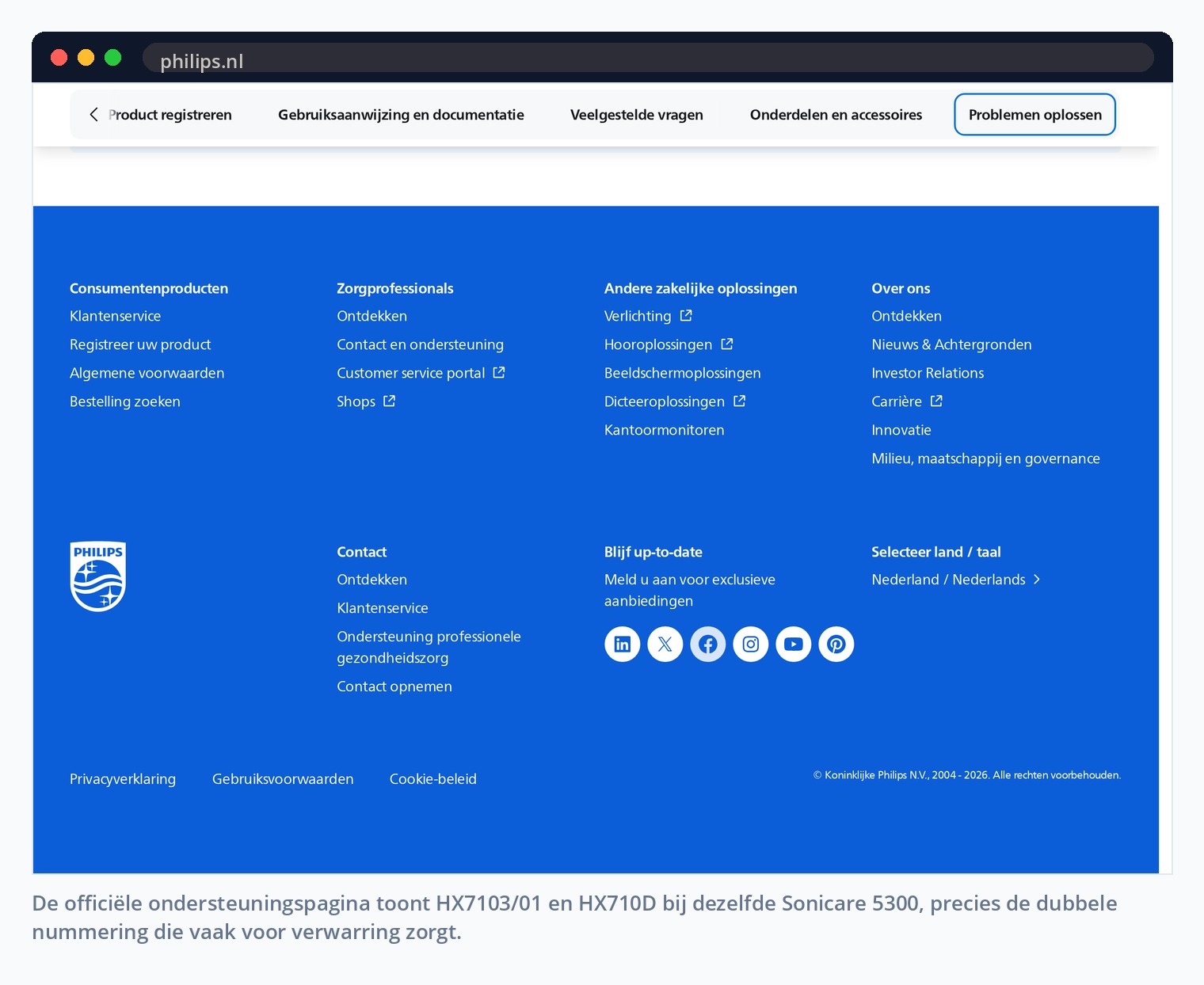 De officiële ondersteuningspagina toont HX7103/01 en HX710D bij dezelfde Sonicare 5300, precies de dubbele nummering die vaak voor verwarring zorgt.