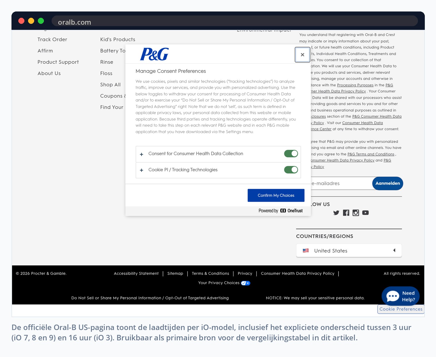 De officiële Oral-B US-pagina toont de laadtijden per iO-model, inclusief het expliciete onderscheid tussen 3 uur (iO 7, 8 en 9) en 16 uur (iO 3). Bruikbaar als primaire bron voor de vergelijkingstabel in dit artikel.