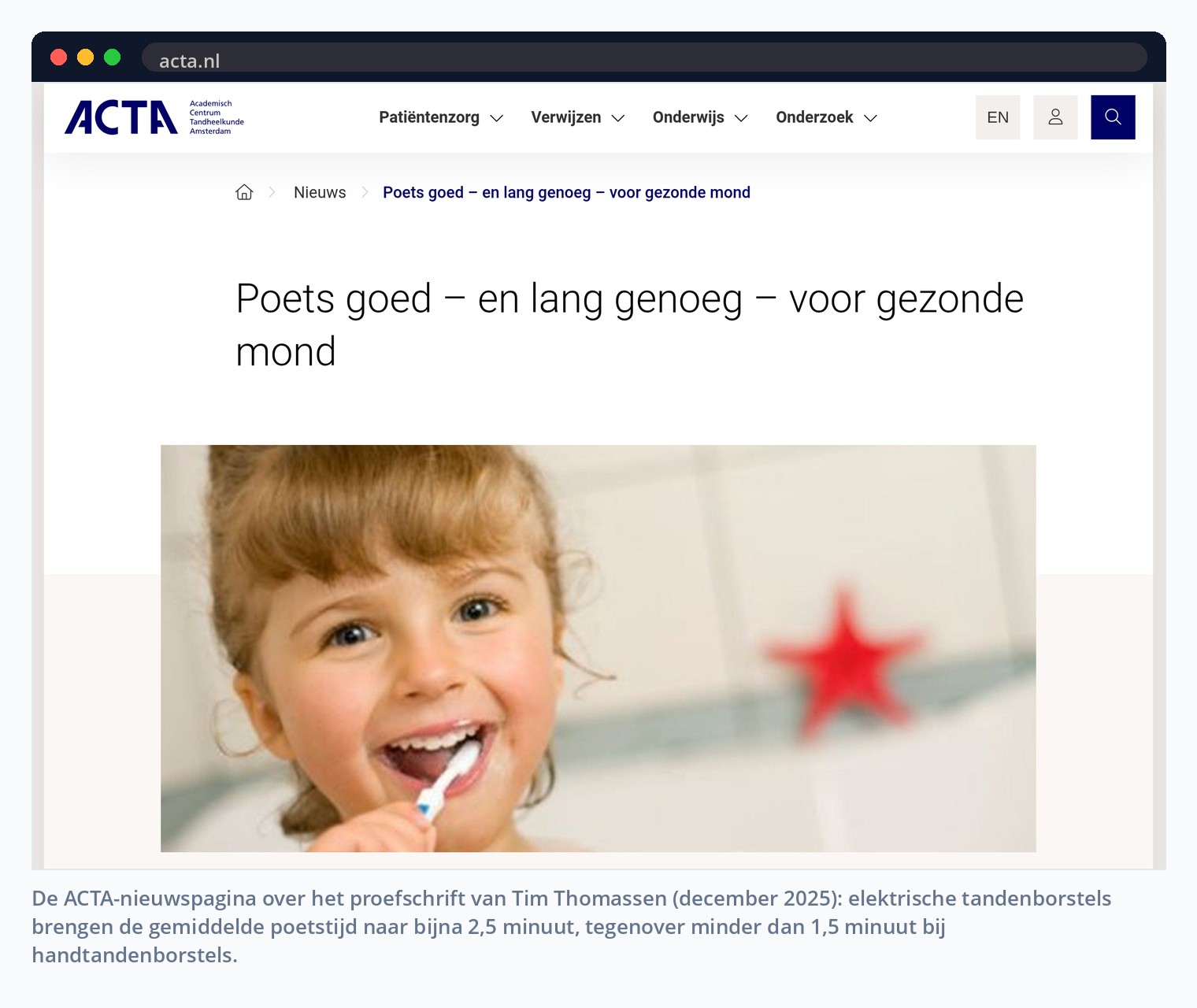 De ACTA-nieuwspagina over het proefschrift van Tim Thomassen (december 2025): elektrische tandenborstels brengen de gemiddelde poetstijd naar bijna 2,5 minuut, tegenover minder dan 1,5 minuut bij handtandenborstels.