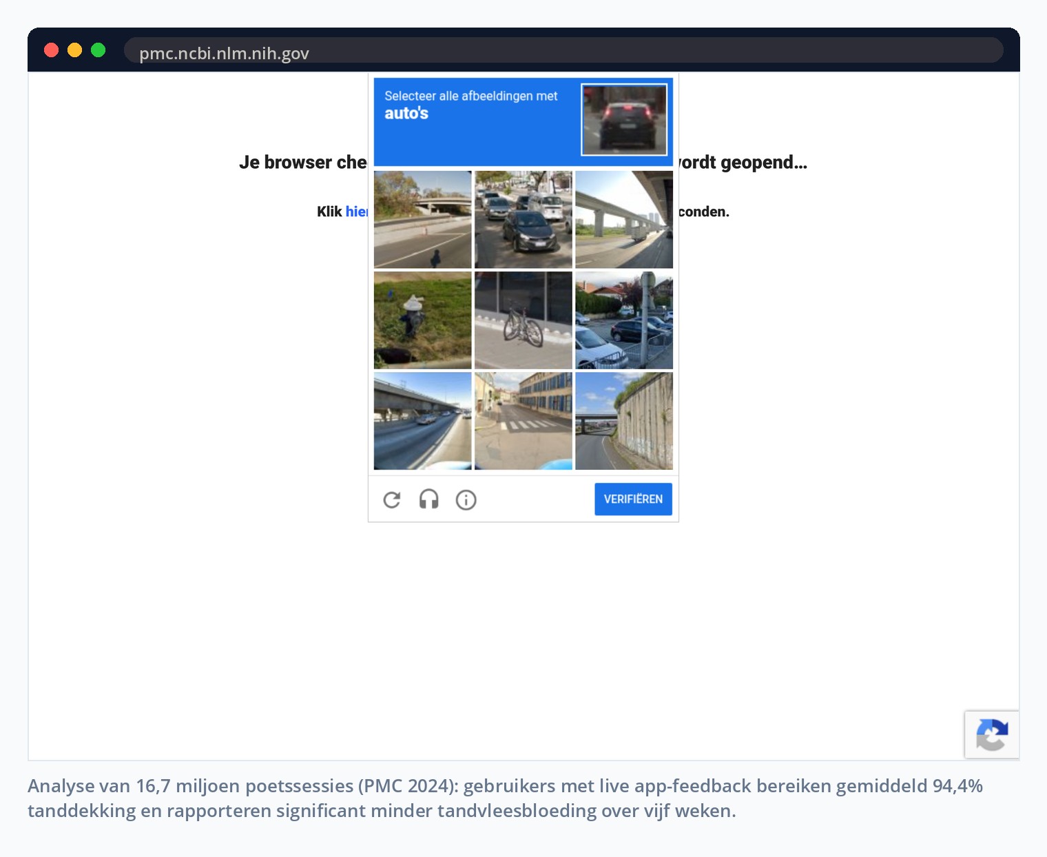 Analyse van 16,7 miljoen poetssessies (PMC 2024): gebruikers met live app-feedback bereiken gemiddeld 94,4% tanddekking en rapporteren significant minder tandvleesbloeding over vijf weken.