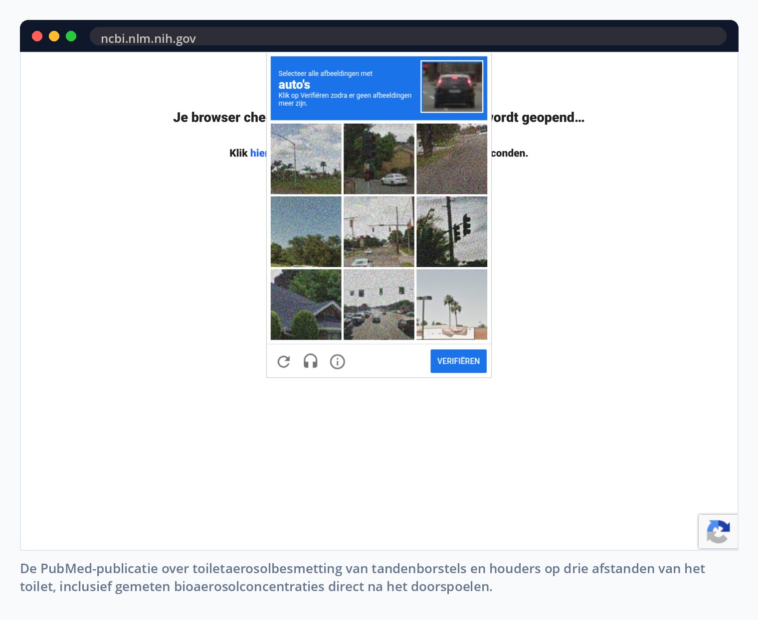 De PubMed-publicatie over toiletaerosolbesmetting van tandenborstels en houders op drie afstanden van het toilet, inclusief gemeten bioaerosolconcentraties direct na het doorspoelen.