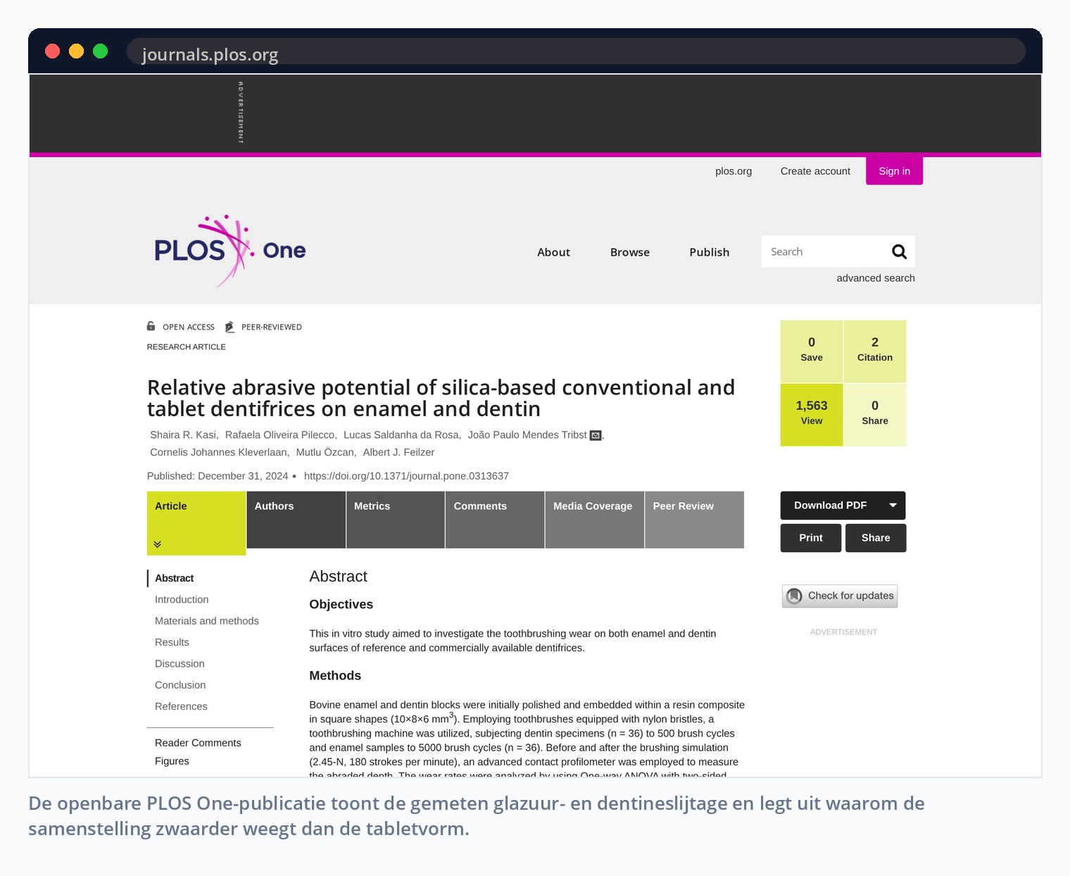 De openbare PLOS One-publicatie toont de gemeten glazuur- en dentineslijtage en legt uit waarom de samenstelling zwaarder weegt dan de tabletvorm.