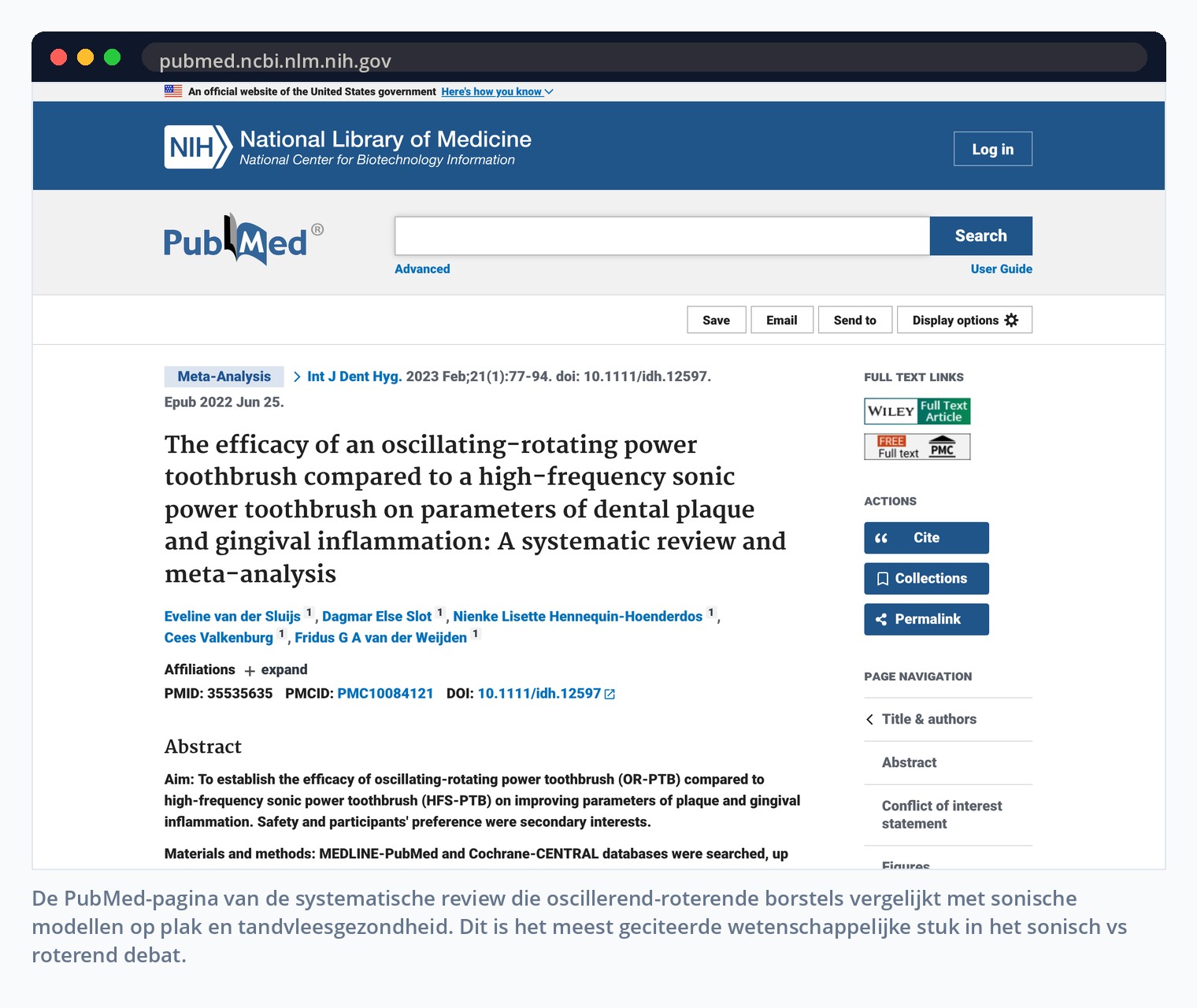 De PubMed-pagina van de systematische review die oscillerend-roterende borstels vergelijkt met sonische modellen op plak en tandvleesgezondheid. Dit is het meest geciteerde wetenschappelijke stuk in het sonisch vs roterend debat.