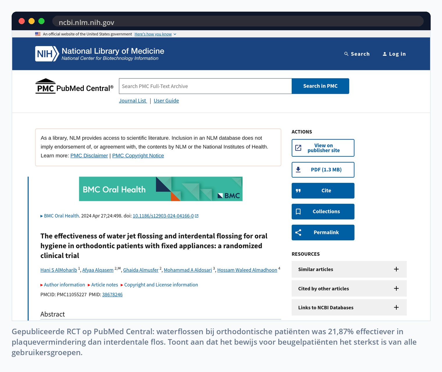Gepubliceerde RCT op PubMed Central: waterflossen bij orthodontische patiënten was 21,87% effectiever in plaquevermindering dan interdentale flos. Toont aan dat het bewijs voor beugelpatiënten het sterkst is van alle gebruikersgroepen.