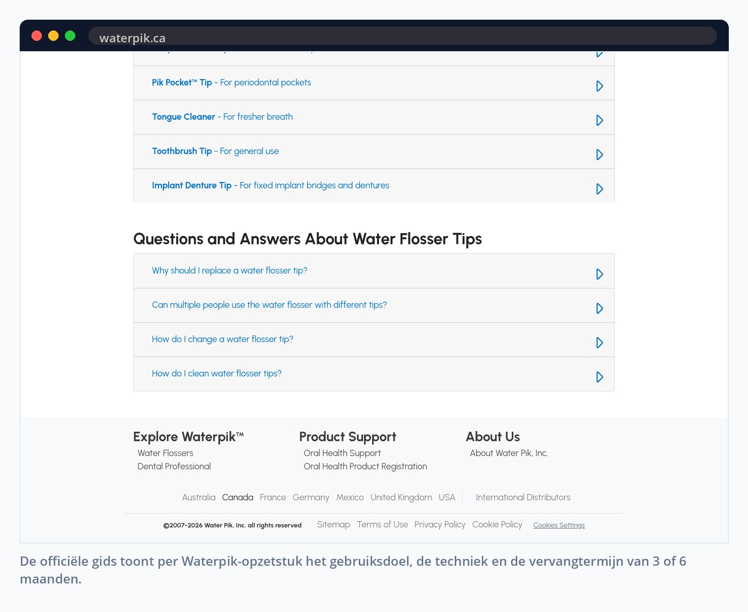 De officiële gids toont per Waterpik-opzetstuk het gebruiksdoel, de techniek en de vervangtermijn van 3 of 6 maanden.