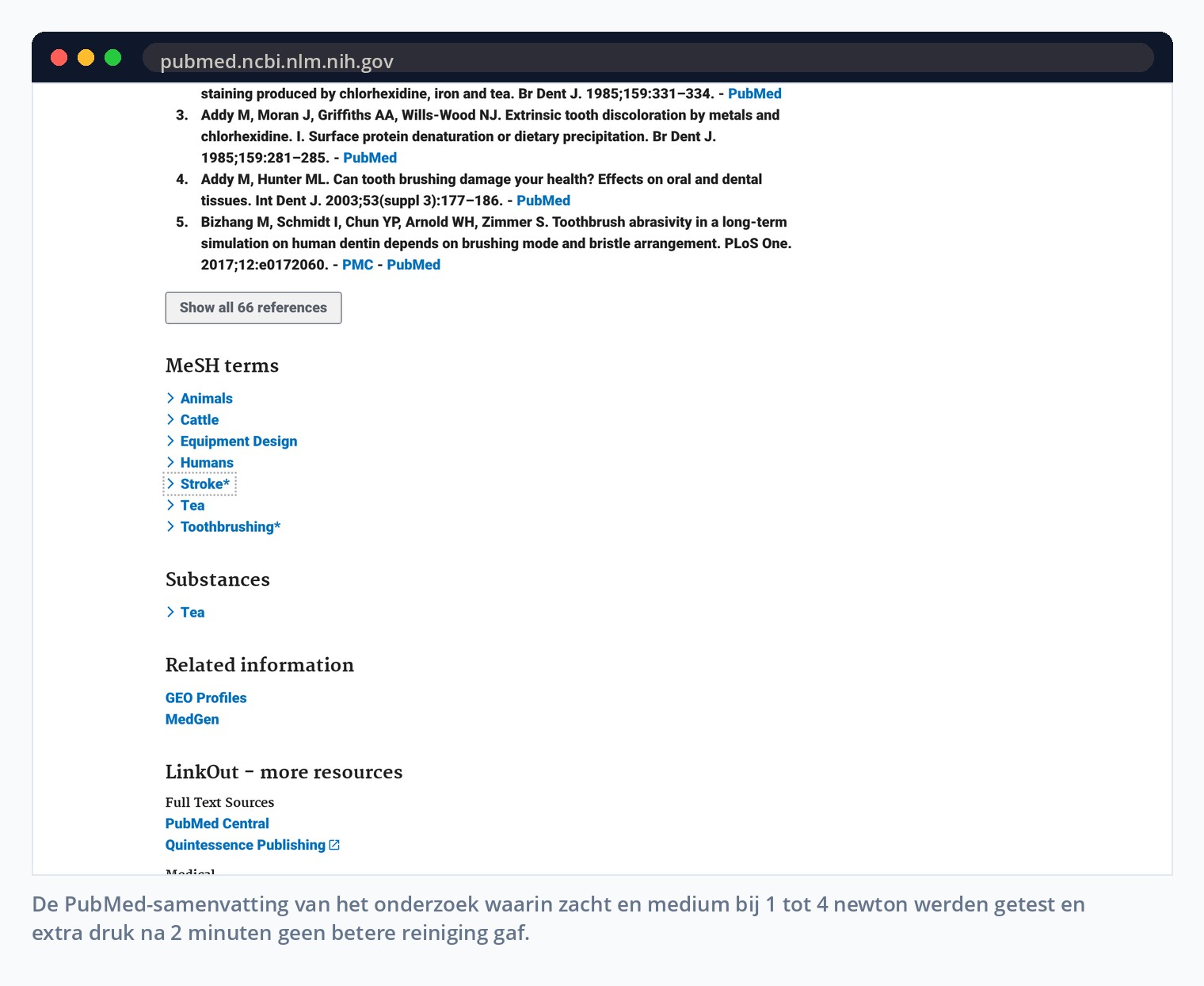 De PubMed-samenvatting van het onderzoek waarin zacht en medium bij 1 tot 4 newton werden getest en extra druk na 2 minuten geen betere reiniging gaf.