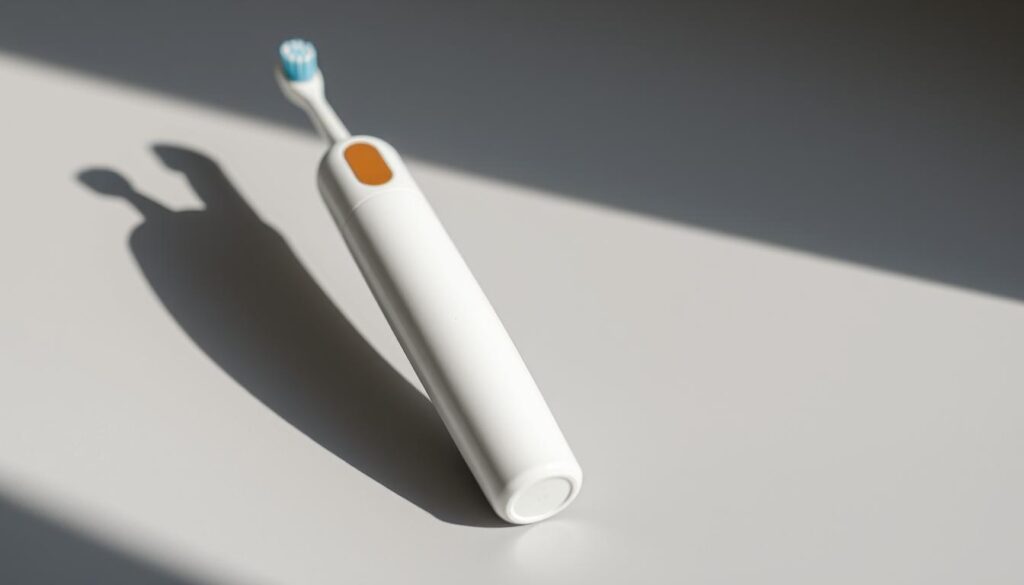 A close-up of a sleek, modern electric toothbrush in a minimalist, well-lit studio setting. The toothbrush has a smooth, white body with a bamboo handle and a blue bristle head. It sits atop a clean, grey surface, casting soft shadows. The scene has a serene, natural atmosphere, highlighting the bamboo's earthy tones and the toothbrush's eco-friendly design. The lighting is soft and directional, creating subtle highlights and shadows that emphasize the product's form and texture. The camera angle is slightly elevated, giving a sense of sophistication and attention to detail. The overall composition is balanced and visually appealing, showcasing the "Smyle e-brush" as a high-quality, sustainable electrical toothbrush.