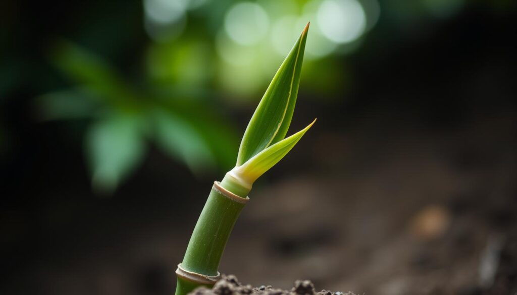 A close-up shot of a bamboo shoot emerging from the soil, its smooth, segmented stem tapering to a sharp, verdant tip. The lighting is soft and diffused, creating a serene, natural atmosphere. The background is blurred, hinting at a lush, earthy environment. The image captures the organic beauty and sustainable nature of bamboo, a material that is both visually striking and environmentally friendly.