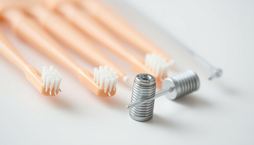A close-up shot of a set of interdental brushes designed for dental implants. The brushes have soft, dense bristles in a variety of sizes to effectively clean around and between implants. The brushes are arranged neatly on a white background, with a slight depth of field blur to draw the eye to the focal point. The lighting is natural and diffuse, creating a clean, clinical aesthetic that conveys the medical nature of the product. The composition emphasizes the brushes' functionality and precision, reflecting the care and attention required when maintaining dental work.