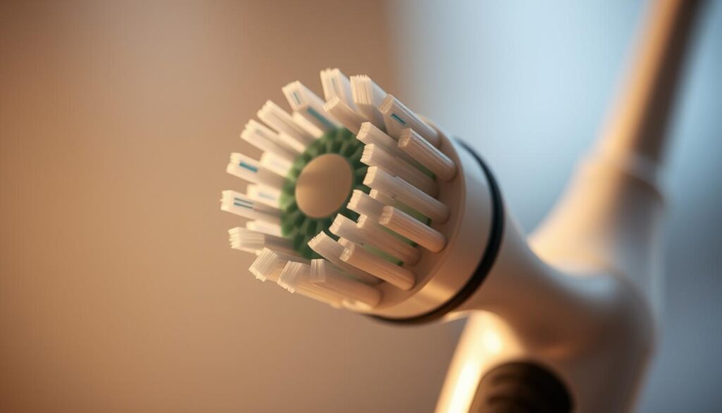 A close-up view of a modern electric toothbrush with soft, high-quality bristles arranged in a circular head. The toothbrush is positioned at a slight angle, showcasing the intricate details of the bristles and the sleek, minimalist design of the handle. Soft, diffused lighting illuminates the scene, creating a warm and inviting atmosphere that emphasizes the importance of dental hygiene. The background is subtly blurred, allowing the focus to remain on the toothbrush and its ability to effectively clean and care for teeth and gums.