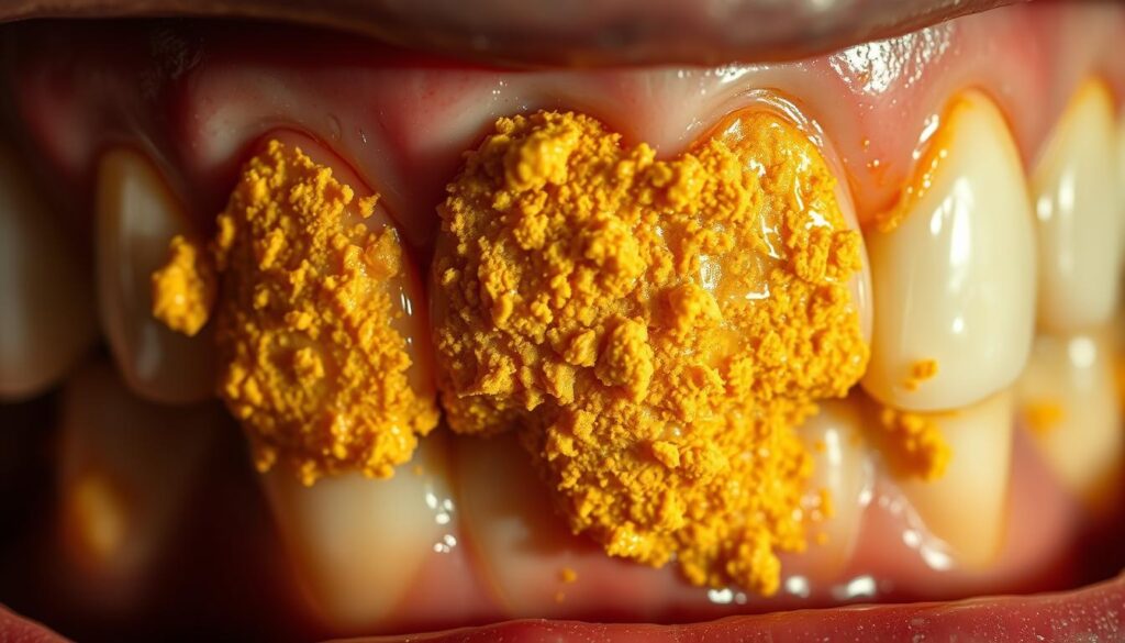 A close-up view of a set of human teeth, with a thick yellow-brown buildup of plaque clearly visible on the tooth surfaces. The plaque has a rough, textured appearance, contrasting sharply with the pearly white of the tooth enamel. The image is lit from the side, creating dramatic shadows that accentuate the uneven, crusty texture of the plaque. The teeth are slightly misaligned, further emphasizing the neglected state of dental hygiene. The depth of field is shallow, keeping the plaque in sharp focus while the surrounding gums and other teeth are slightly blurred, directing the viewer's attention to the unsightly buildup. The overall mood is one of concern and the need for immediate action to address this troubling dental health issue.