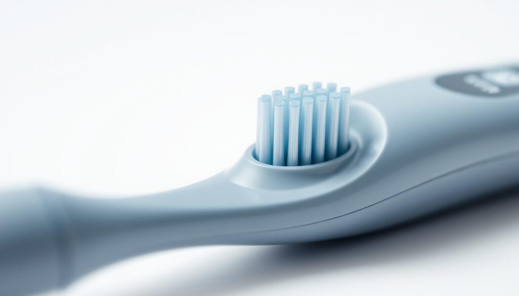 A close-up view of a sleek, modern sonic electric toothbrush resting on a white background. The toothbrush features a glossy, ergonomic handle in a muted gray or blue tone, with a soft, rounded brush head in a complementary color. The bristles are visible, showcasing their fine, dense texture, hinting at the gentle, yet powerful cleaning action of the sonic vibrations. The lighting is soft and diffused, creating a sense of refinement and attention to detail. The overall composition emphasizes the product's design, highlighting its sophisticated aesthetic and technological capabilities, conveying a sense of comfort and precision in use.