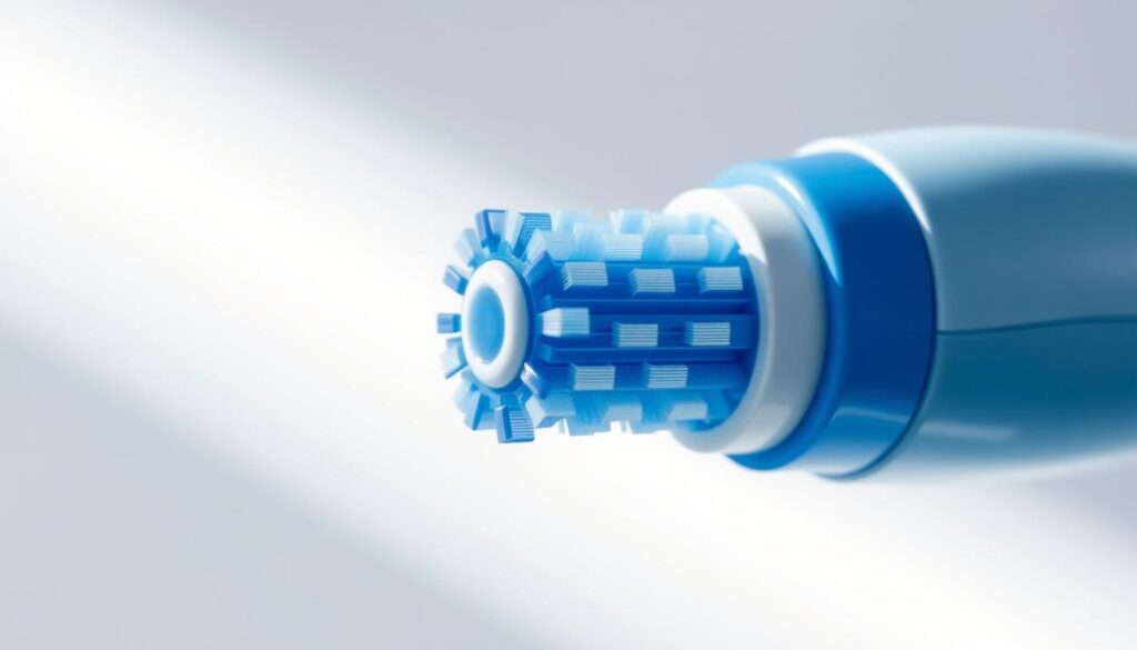 A close-up view of a sonic electric toothbrush, its sleek design and vibrant blue-and-white color palette standing out against a clean, minimalist background. The bristles are clearly visible, showcasing the precision and intensity of the high-frequency vibrations that are the hallmark of sonic toothbrushes. Soft, diffused lighting illuminates the details, emphasizing the smooth, ergonomic handle and the gentle curves of the brush head. The overall impression is one of power, efficiency, and modern dental care technology, perfectly suited to illustrate the section on managing the vibrations of sonic toothbrushes.