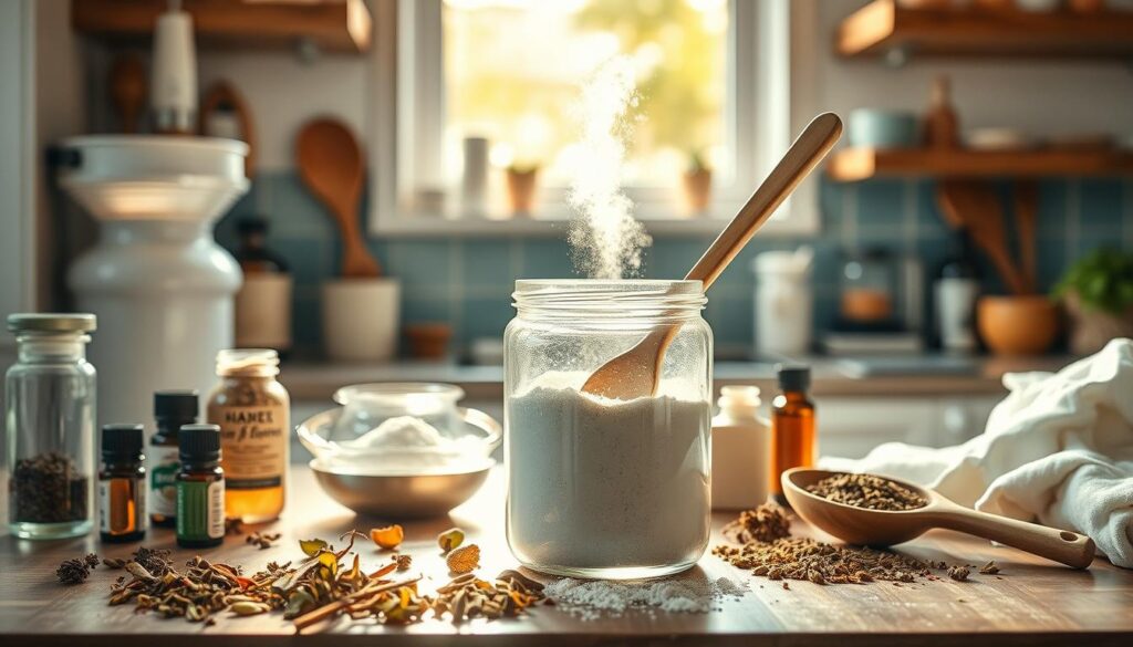 A cozy kitchen counter, meticulously arranged with the tools and ingredients needed to craft homemade laundry detergent. In the foreground, a large glass jar filled with a natural, eco-friendly powder, surrounded by various essential oils, dried herbs, and scoops. Midground, a wooden spoon gently stirs the mixture, releasing a subtle, refreshing aroma. In the background, sunlight streams through a window, casting a warm, inviting glow over the scene. The overall atmosphere conveys a sense of mindfulness, sustainability, and the satisfaction of creating one's own cleaning products.