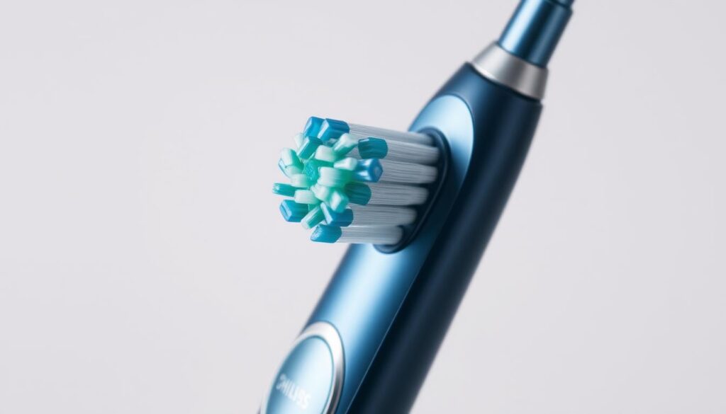 A high-quality, close-up view of a Philips Sonicare electric toothbrush, showcasing its sleek, ergonomic design and attention to detail. The toothbrush is positioned against a clean, neutral background, with subtle lighting that highlights its glossy, vibrant blue-gray finish. The bristles are clearly visible, capturing the advanced cleaning technology that makes this toothbrush well-suited for use with dental work such as crowns and bridges. The image conveys a sense of dental health, efficiency, and modern design, aligning with the article's focus on the best electric toothbrushes for those with dental work.
