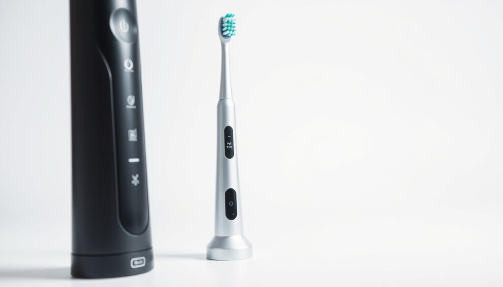 A high-quality, detailed comparison of two electric toothbrush technologies. In the foreground, a pair of sleek, modern electric toothbrushes - one with a rotating-oscillating head, the other with sonic vibrations. Captured in sharp focus, their distinctive designs and textures evident. In the middle ground, a white background provides a clean, minimalist setting to highlight the toothbrushes. Soft, even lighting casts subtle shadows, emphasizing the products' forms. In the background, a muted gradient subtly shifts from light to dark, creating depth and a sense of sophistication. The overall mood is one of precision, functionality, and a discerning, technical evaluation of the electric toothbrush options.