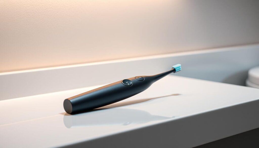 A high-quality electric toothbrush resting on a sleek, minimalist bathroom counter. Smooth, matte-black handle and a delicate, vibrant bristle head. Illuminated with soft, warm lighting from above, casting a gentle glow on the polished surface. The toothbrush is positioned in the center of the frame, slightly tilted to showcase its elegant design. The background is a serene, neutral-toned wall, allowing the electric toothbrush to be the focal point. The overall atmosphere is one of sophistication, practicality, and attention to detail - perfectly suited for a discerning user.