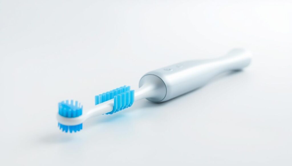 A sleek, modern electric toothbrush resting on a minimalist, white surface. The bristles are neatly arranged, gleaming with a fresh, vibrant blue color. The handle has a smooth, ergonomic design in a cool, metallic tone, reflecting the soft, diffused lighting from above. In the background, a subtle gradient fades from white to a soft, neutral gray, creating a clean, uncluttered atmosphere. The scene conveys a sense of simplicity, functionality, and high-quality craftsmanship, perfectly capturing the essence of the "best electric toothbrush for travel" in a visually striking and compelling manner.