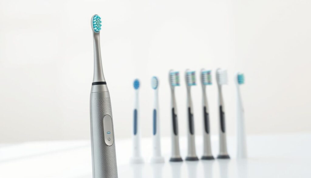 A sleek, modern electric toothbrush stands prominently in the foreground, its bristles glistening under bright, natural lighting. The handle features a textured grip and minimal, streamlined design, conveying a sense of premium quality. In the middle ground, various interchangeable brush heads are neatly arranged, showcasing the versatility and customization options. The background subtly fades into a clean, bright environment, emphasizing the dental health focus. The overall scene exudes a sense of simplicity, efficiency, and professional-grade dental care, perfectly suited to illustrate the section on electric toothbrushes and replacement heads.