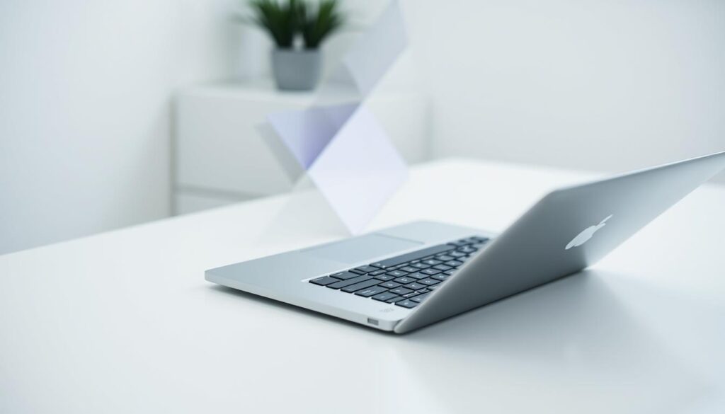A sleek, modern laptop resting on a minimalist white desk, its aluminum body gleaming under soft, directional lighting. The display shows a crisp, high-resolution image, hinting at the machine's powerful performance. In the foreground, the laptop's keyboard and touchpad are visible, inviting interaction. The background is blurred, focusing attention on the laptop as the central subject. The overall scene conveys a sense of productivity, efficiency, and technological sophistication, befitting both HP and MacBook laptops.