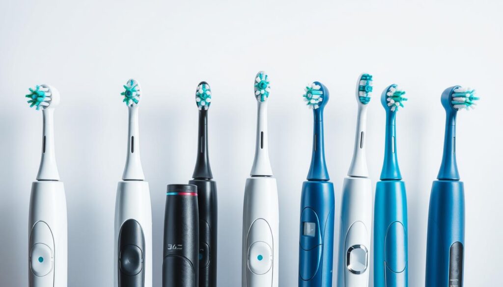 A striking, well-lit close-up shot of several electric toothbrushes in a row, showcasing their distinct features. The brushes have sleek, modern designs with rotating or sonic vibrating heads, and come in a range of contemporary colors like white, black, and blue. The image has a clean, minimalist aesthetic, with the toothbrushes set against a plain, light-colored background to emphasize their form and function. Subtle shadows and highlights accentuate the brushes' textures and contours, creating a sense of depth and dimensionality. The overall mood is one of technological sophistication and dental health.
