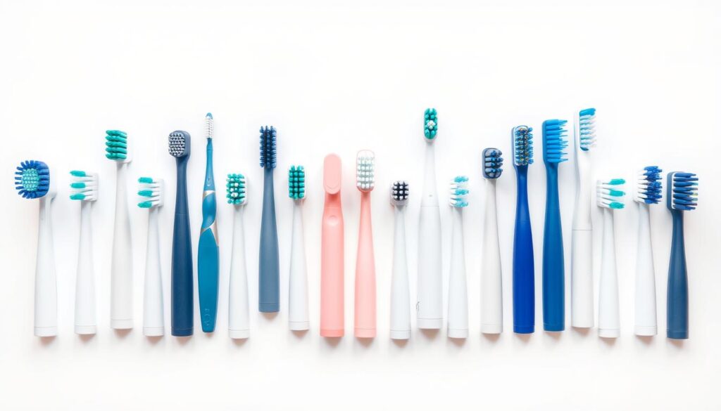 A well-lit, high-resolution photograph of an assortment of electric toothbrush replacement heads or brushes, neatly arranged on a plain white background. The brushes should showcase a variety of sizes, shapes, and bristle configurations, highlighting their versatility and affordability. The lighting should be soft and diffused, creating subtle shadows and bringing out the textures and details of the products. The composition should be balanced and visually appealing, with the brushes positioned in an organized, eye-catching manner. The overall impression should convey a sense of practicality, value, and accessibility, reflecting the subject of the article section.