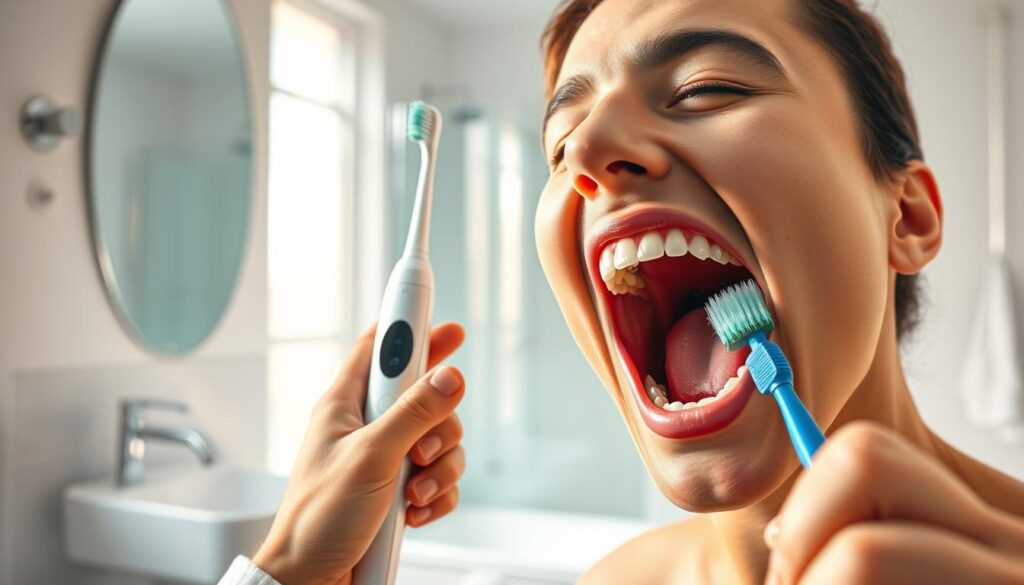 Detailed step-by-step illustration of electric toothbrushing technique. Bright, clean bathroom setting with modern fixtures and natural light. Middle ground depicts a close-up view of a person's hand holding an electric toothbrush, demonstrating proper brushing motion and coverage of all tooth surfaces. Foreground shows the open mouth of the person, teeth visible, as they brush with the electric toothbrush. Background has a soft, blurred view of the bathroom counter and mirror. Lighting is warm and even, creating a calm, instructional atmosphere. The overall composition guides the viewer's eye through the step-by-step process of effective electric toothbrushing.