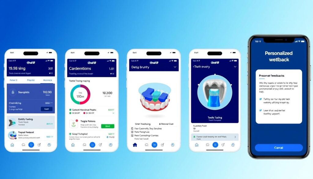 Oral-B iO 9 app interface met poetsstatistieken en feedback Oral-B iO 9 app interface met poetsstatistieken en feedback