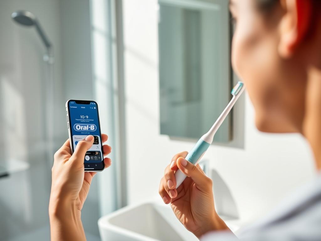 Persoon die de Oral-B iO 9 gebruikt met de app op de achtergrond Persoon die de Oral-B iO 9 gebruikt met de app op de achtergrond